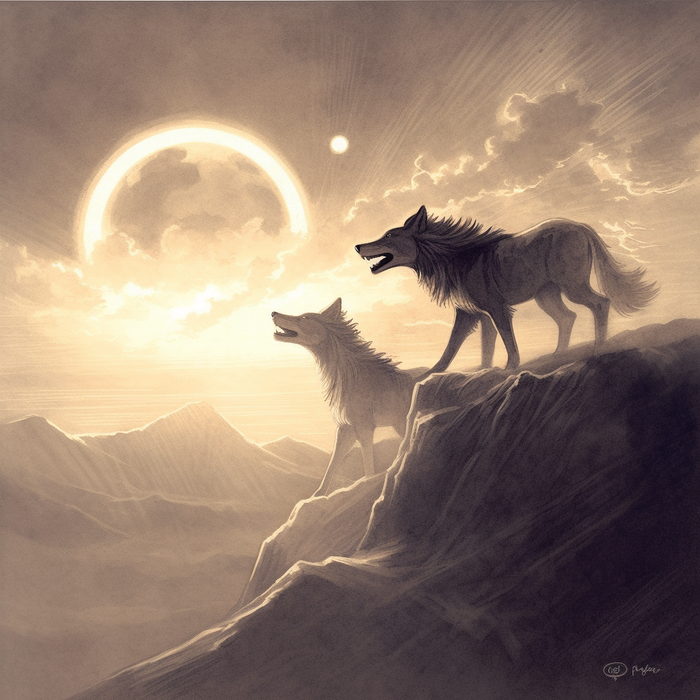 Deux loups au sommet d'une falaise qui observent une Eclipse solaire.
