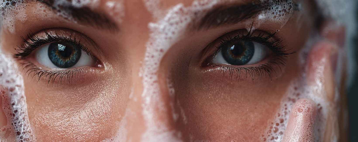 Le visage d'une femme plein de mousse de savon