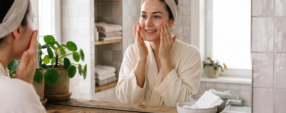 Une femme qui fait des soins du visage devant la glace