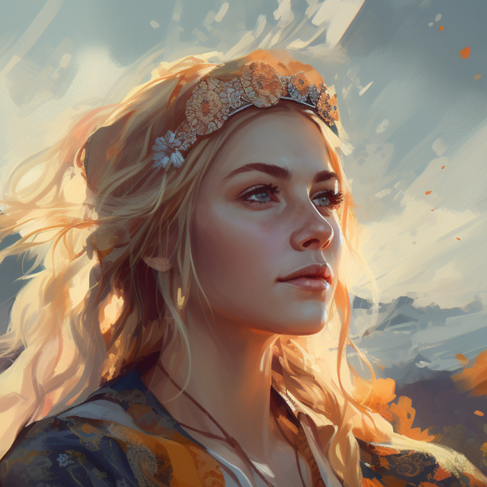 Une femme sublime, les cheveux au vent, avec un couronne de fleure