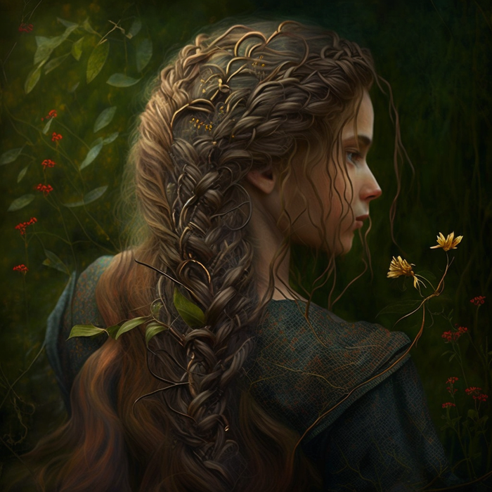 Une jeune femme viking se dessine en ombre, sa silhouette svelte bercée par le vent. Ses longs cheveux tressés dansent gracieusement au rythme des bourrasques, tandis que des fleurs printanières se lovent délicatement dans sa chevelure d'or. 