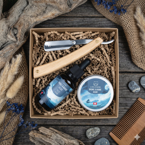 Coffret entretien barbe et contour du Skáli : shavette, huile et baume à barbe Aegir