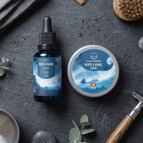 Pack Barbe Skáli : huile à barbe et baume à barbe Aegir sur ardoise, avec peigne, brosse et rasoir
