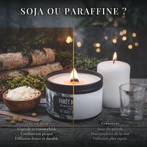 Visuel comparatif cire de soja ou paraffine pour les bougies parfumées Skali