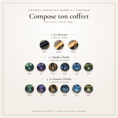 Coffret entretien barbe et contour : les bois de shavette, huiles et baumes au choix