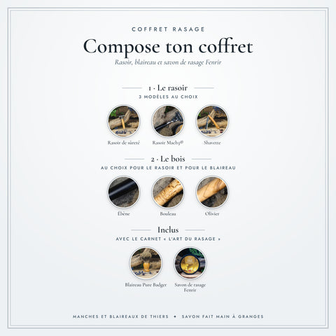 Coffret rasage : les rasoirs et les bois au choix, avec le blaireau et le savon Fenrir