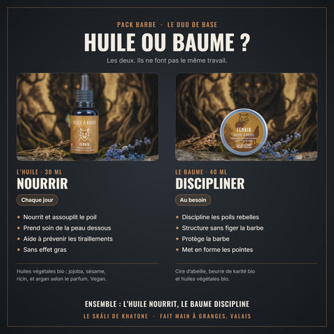 Huile ou baume à barbe : l'huile nourrit chaque jour, le baume discipline au besoin